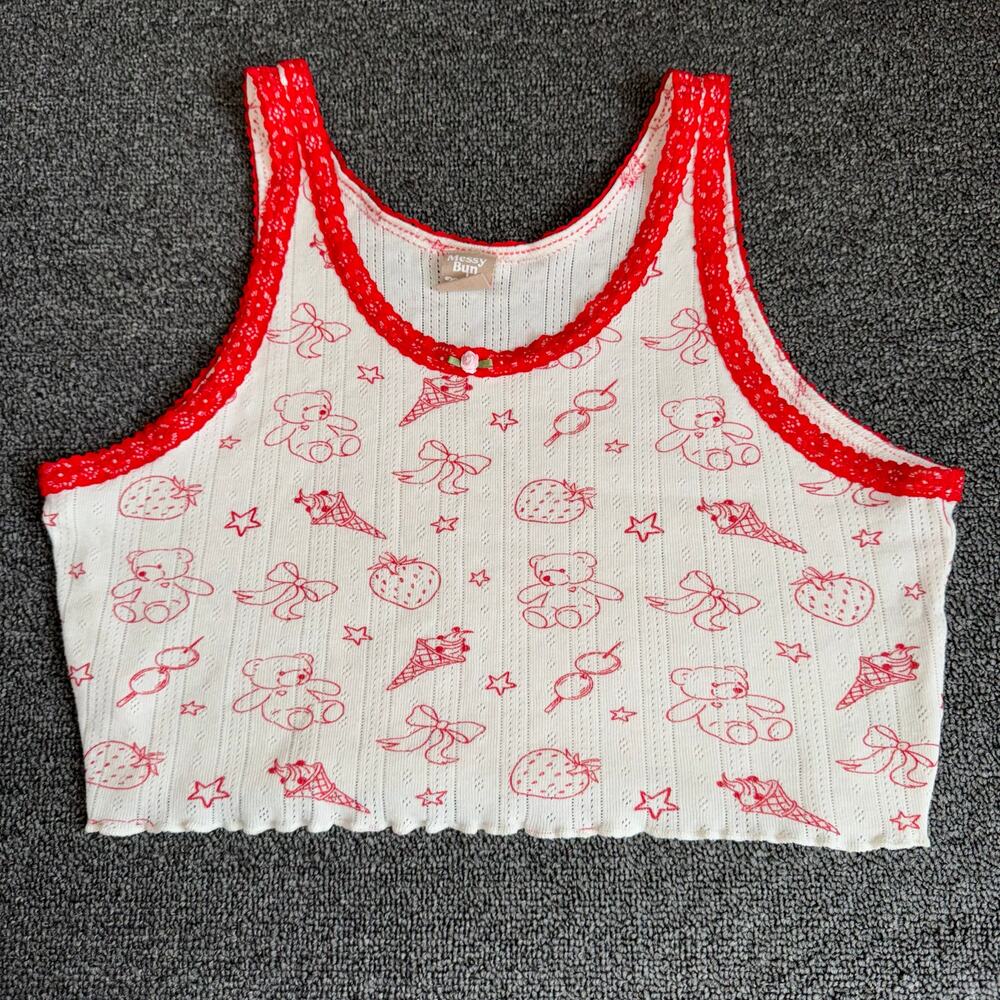 Messy Bun Just Chillin Pajama Crop Tank Top Junior's Size Medium Soft‎ Coquette